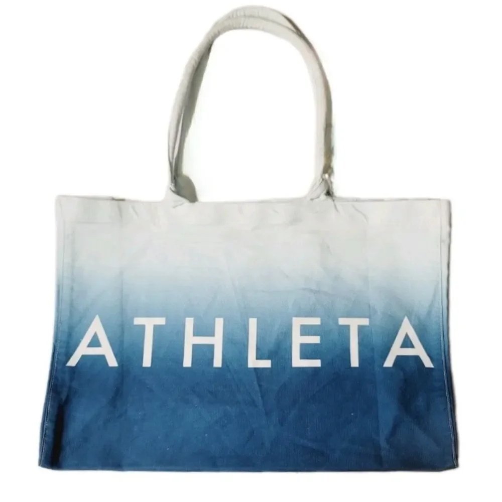 ATHLETA Blue Teal Ombre Cotton Canvas Large Tote Bag 19